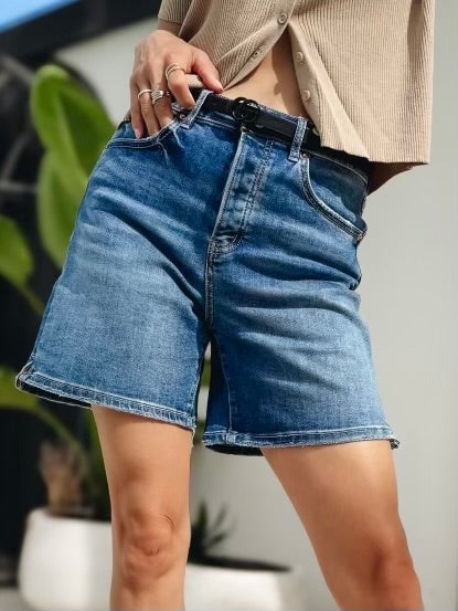 Summer Splash By Mica - High Rise Button Down Bermuda Shorts - Dark Blue