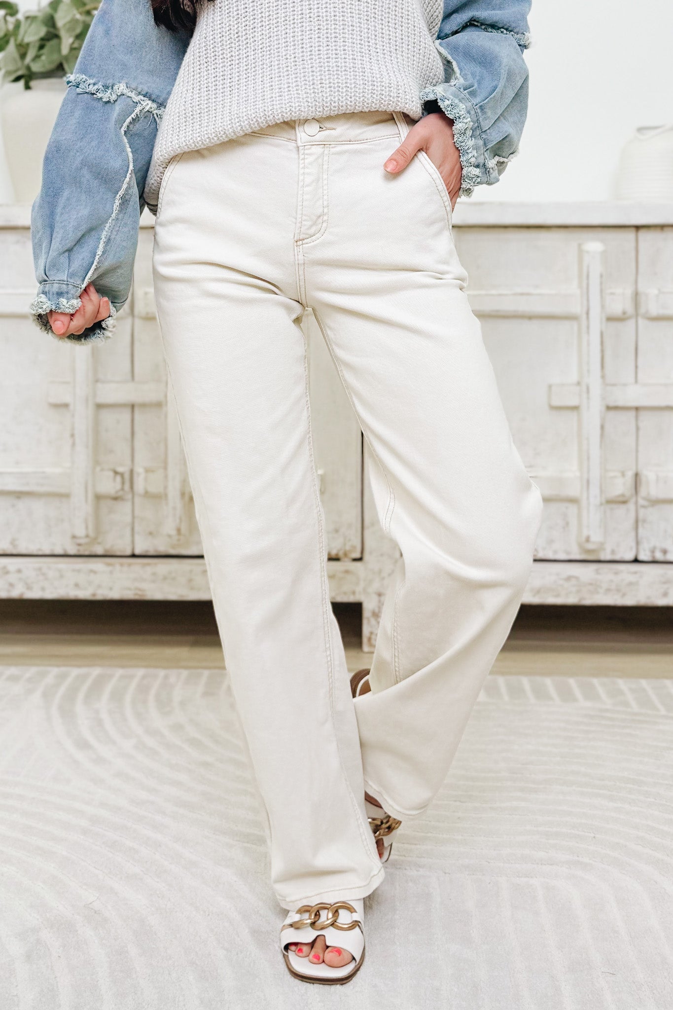 The Signature By Risen - Mid Rise Tummy Control Baggy Jeans - Ivory