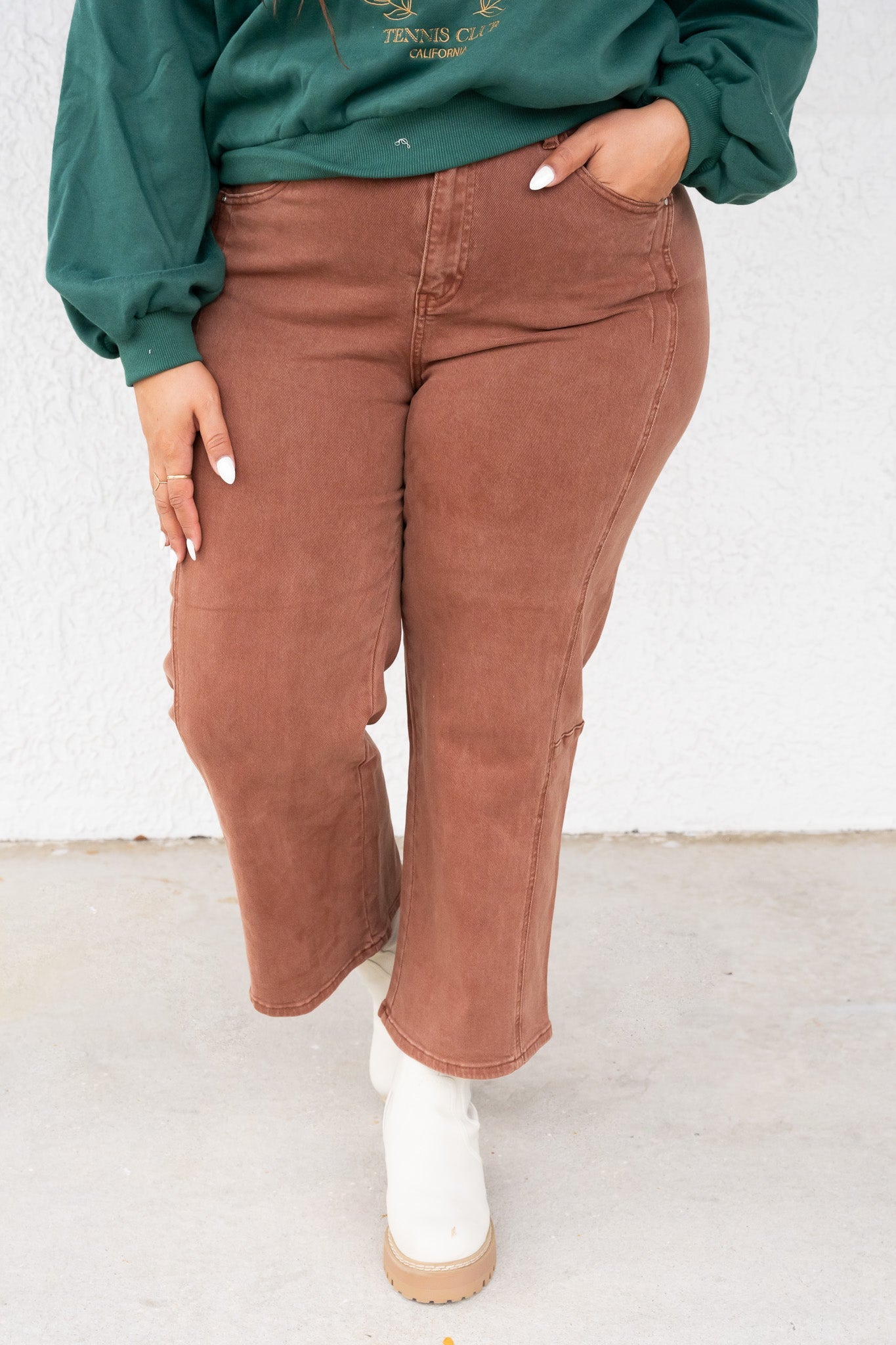Espresso Yourself By Risen - High Rise Crop Wide Barrel Pants - Espresso