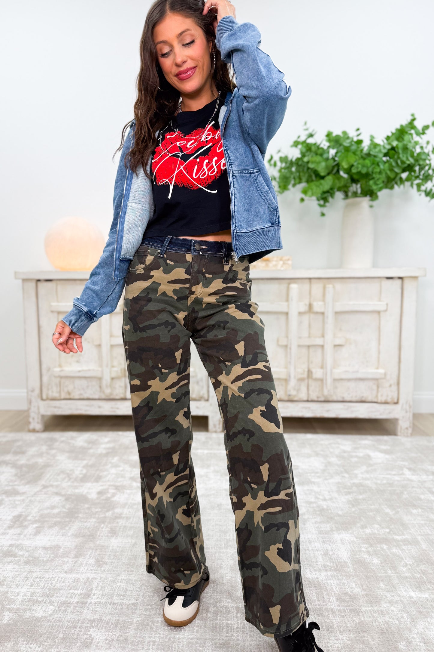 I'm A Survivor - Mid Rise Straight Wide Leg Jeans - Camo