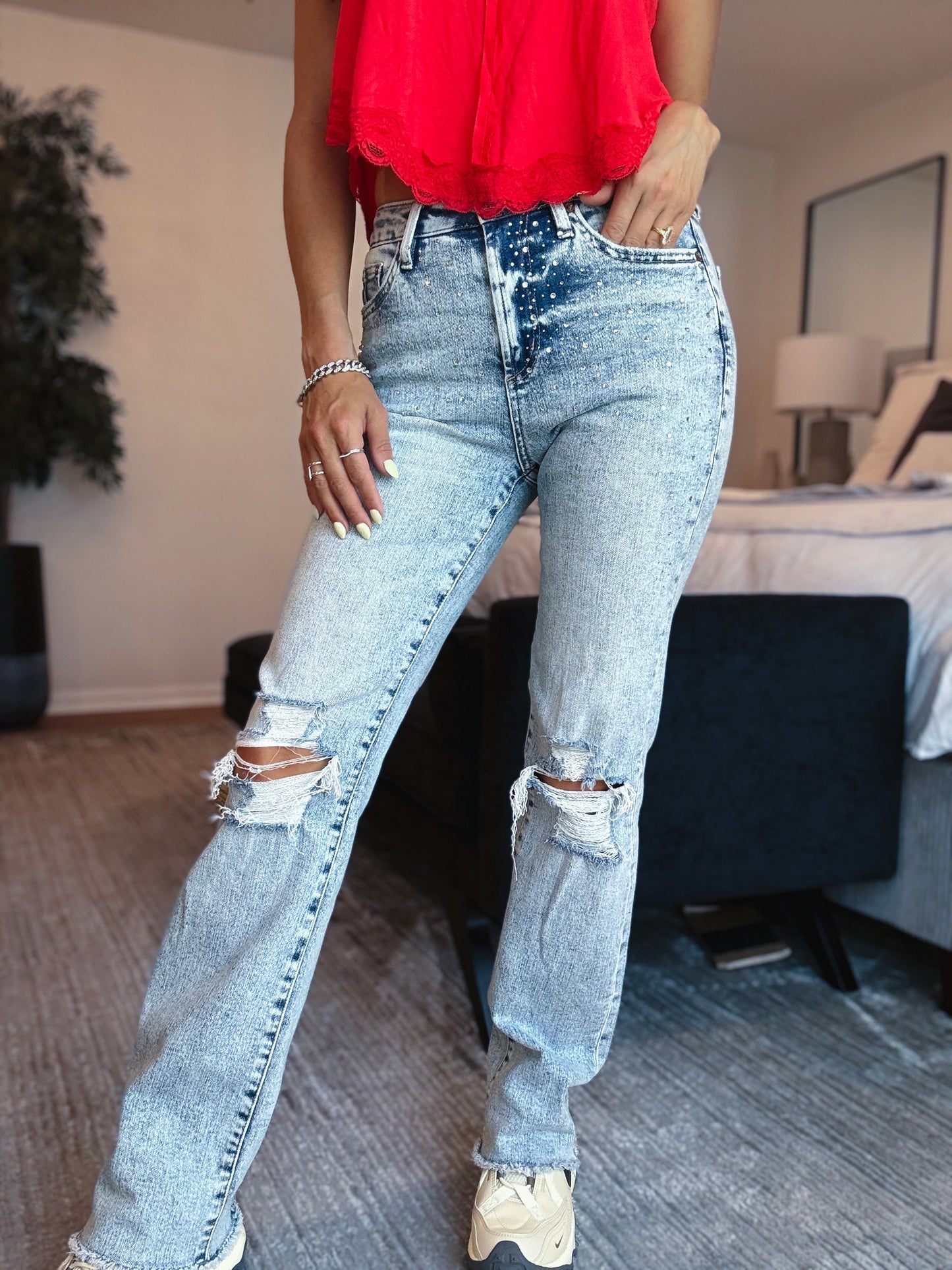 Shimmer Down Now By Mica - Mid Rise Distressed Embellished Jeans
