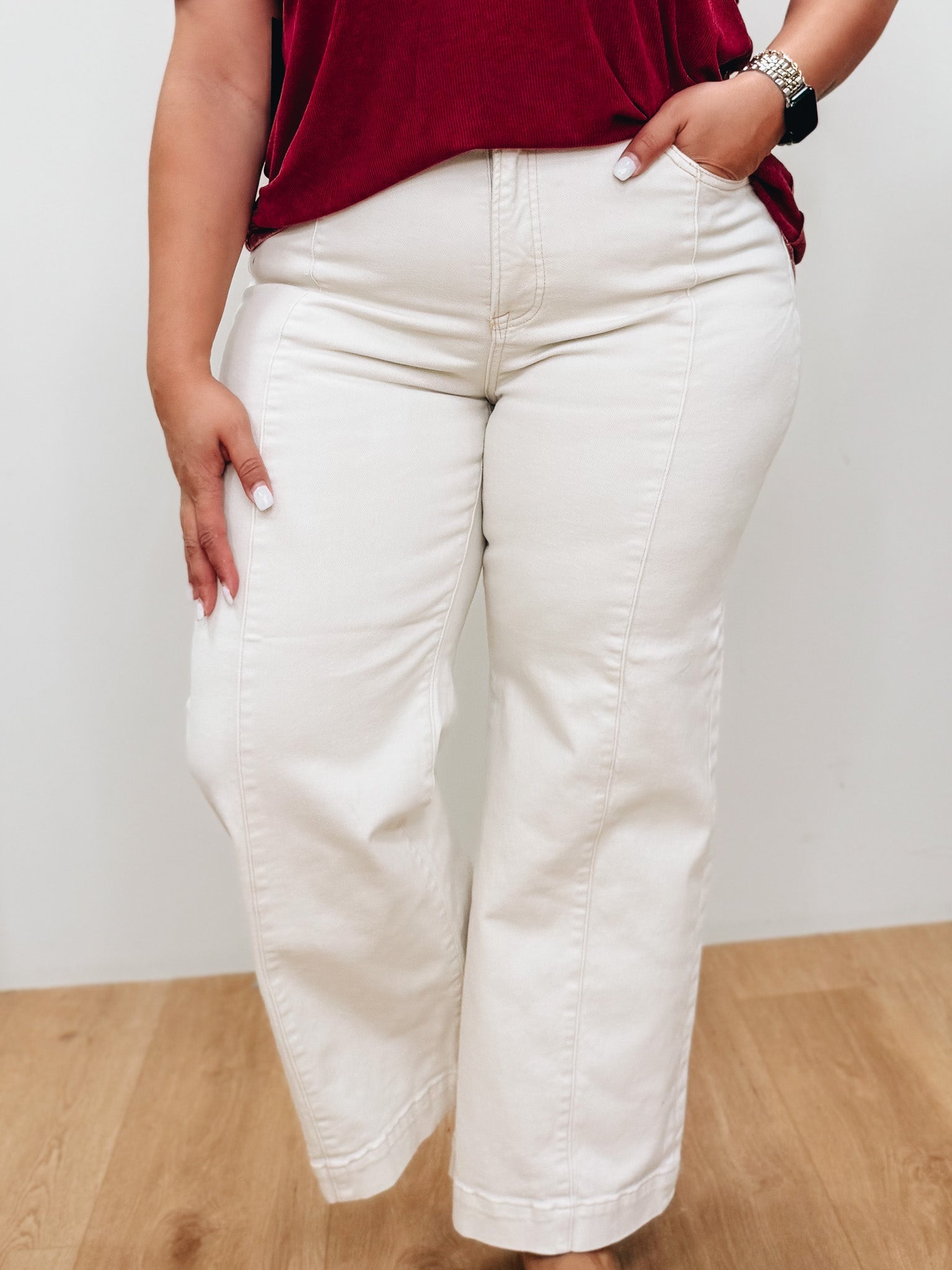 The Icon By Risen - High Rise Tummy Control Wide Leg Jeans - Ivory
