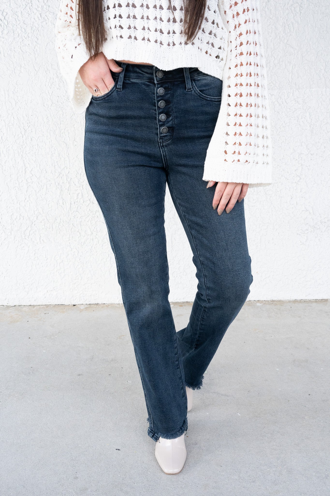 Button Up Buttercup By Judy Blue - High Rise Button Fly Hem Destroy Straight Jeans