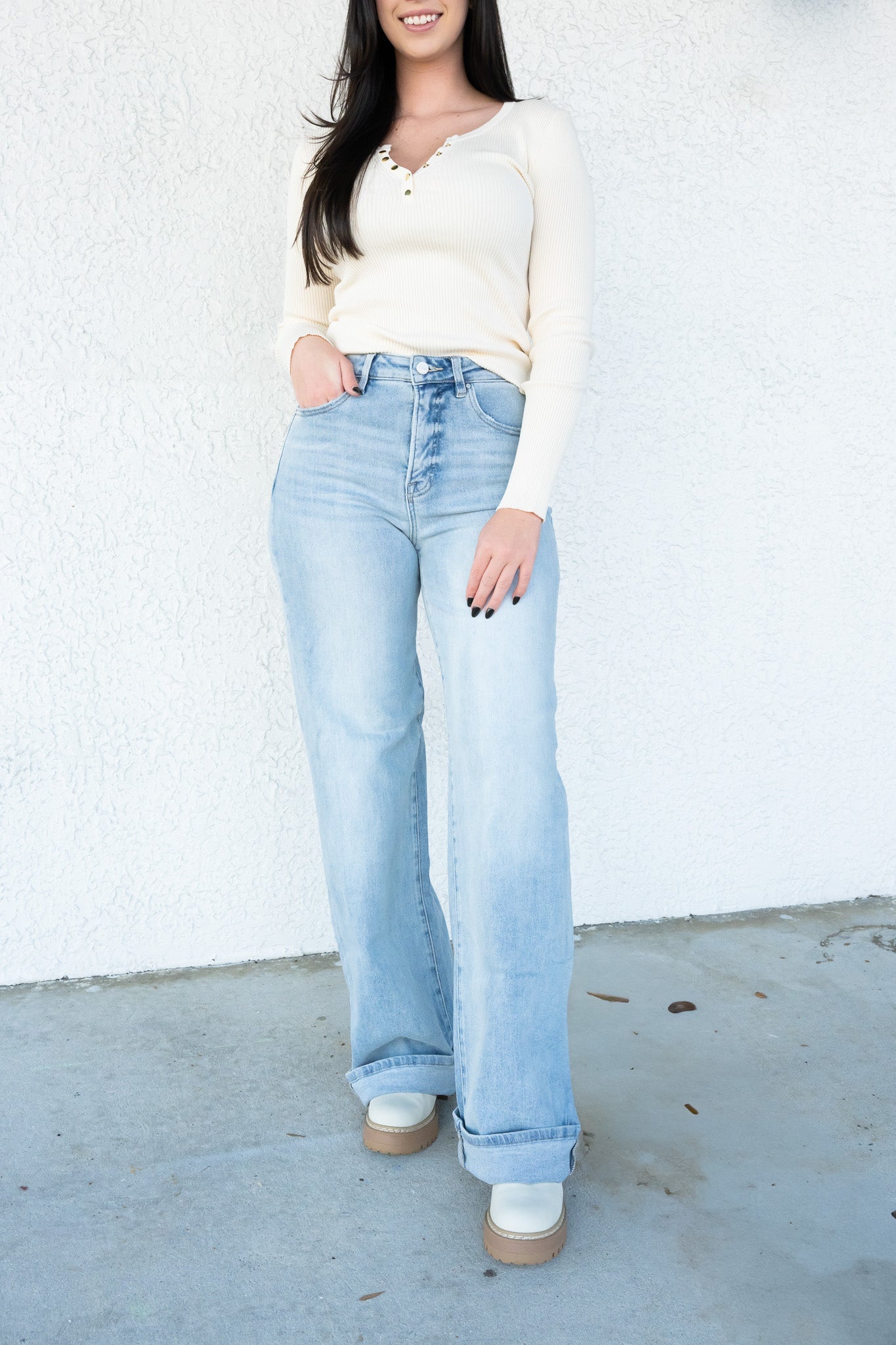 The Genie By Risen - High Rise Tummy Control Wide leg Cuffed Jeans - Light