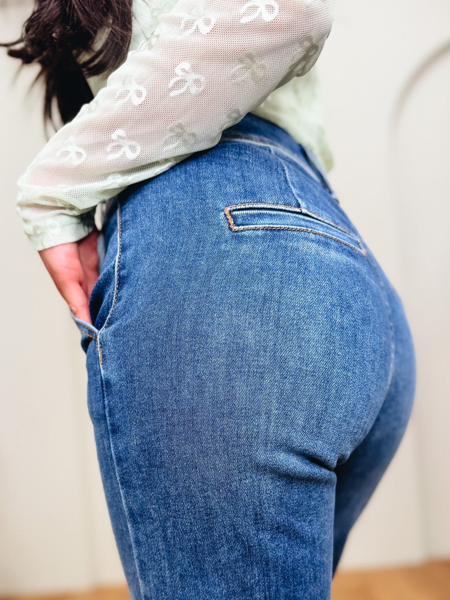 How Sweet It Is By Risen - High Rise Tummy Control Wide Leg Double Button Jeans - Dark