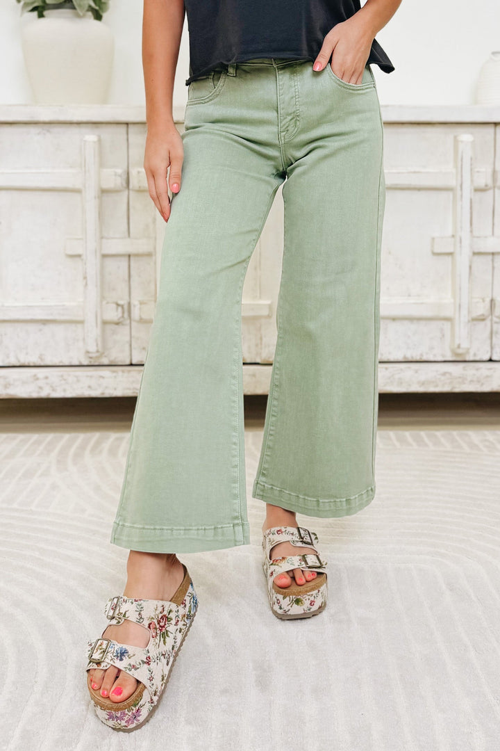 Clocked In By Risen - Mid Rise Tummy Control Adjustable Waistband Jeans - Olive