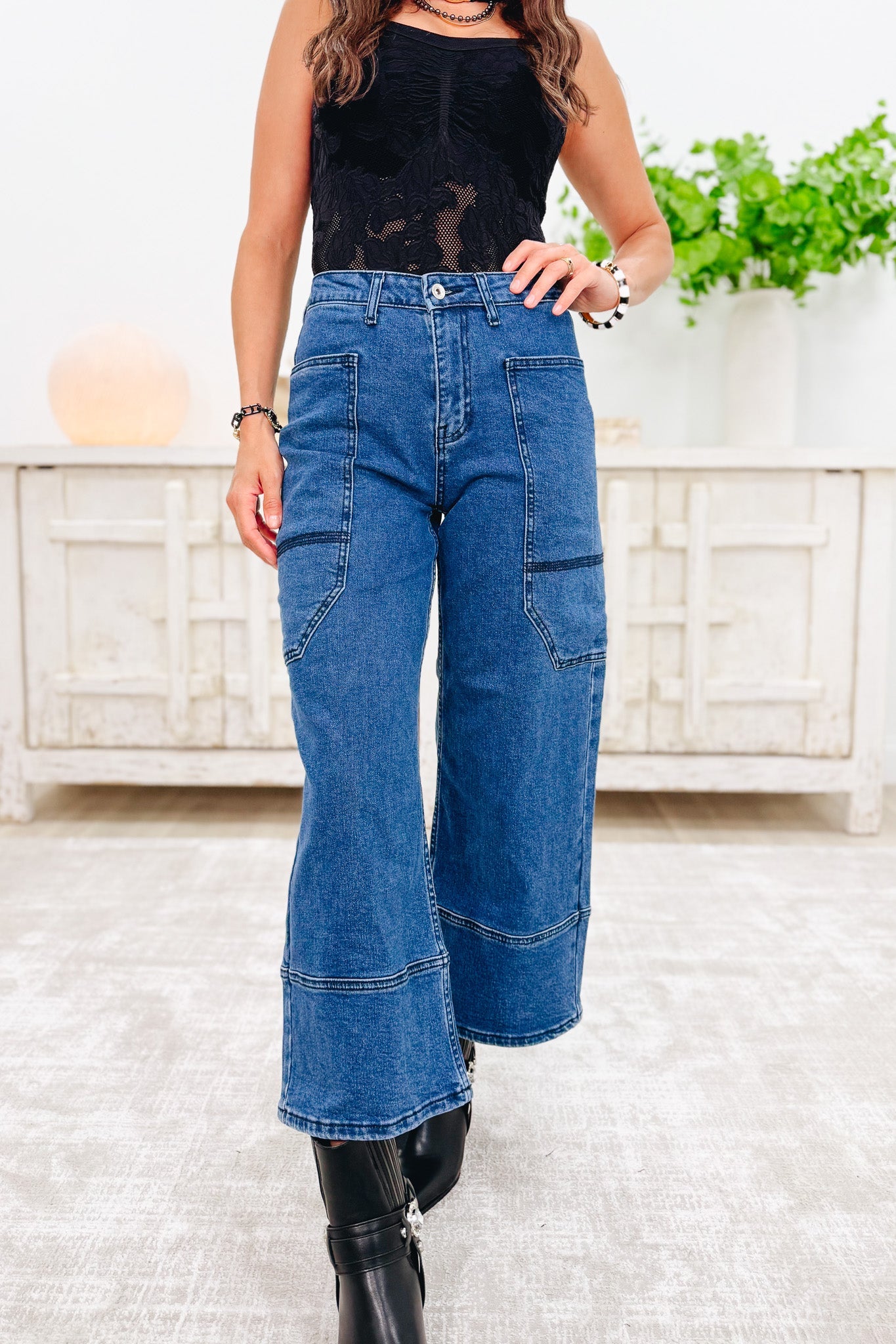 Unique Apparel By Saige Denim - Wide Leg Utility Jeans - Dark