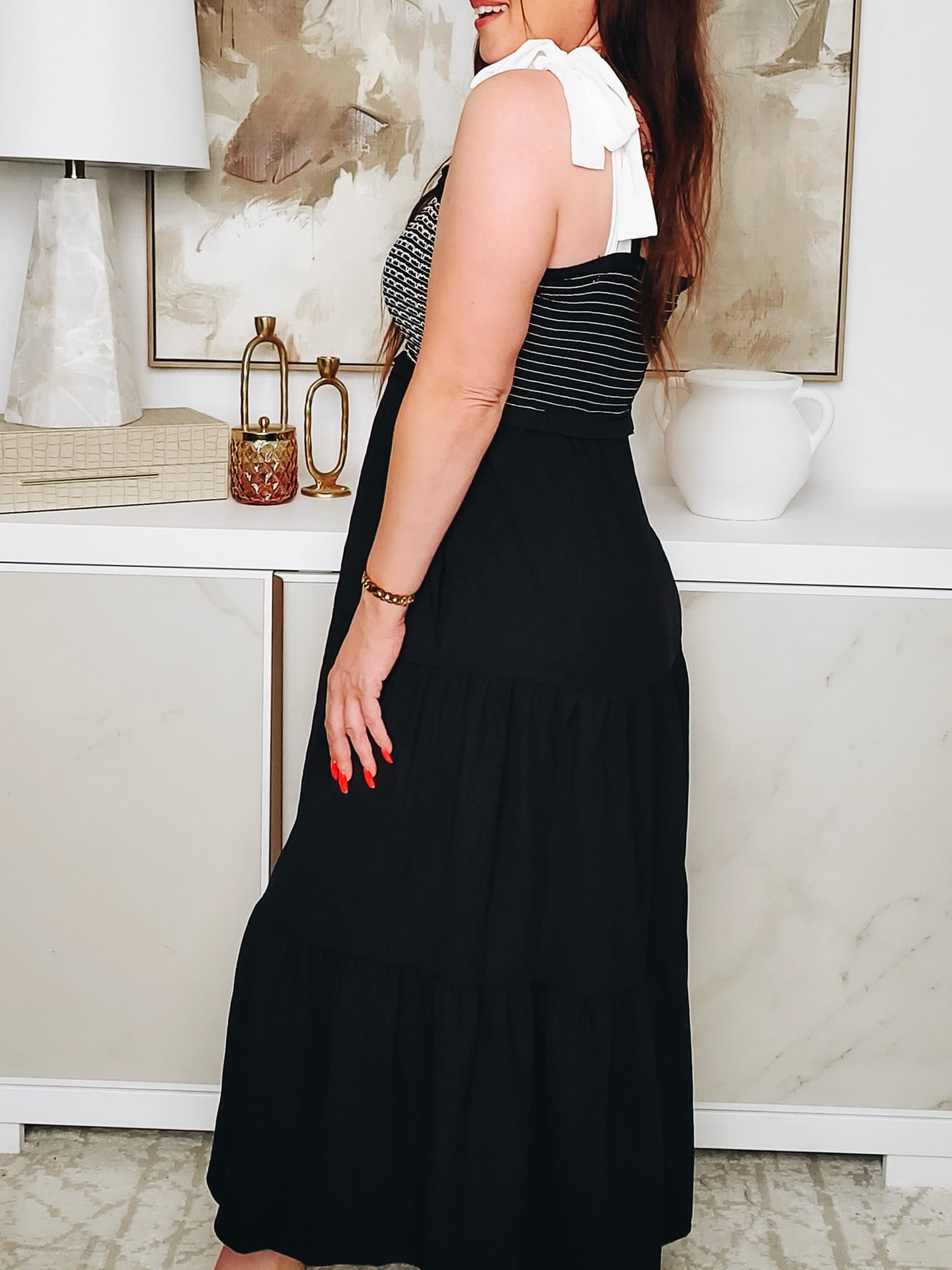 Direct & Reflect Tiered Midi Dress