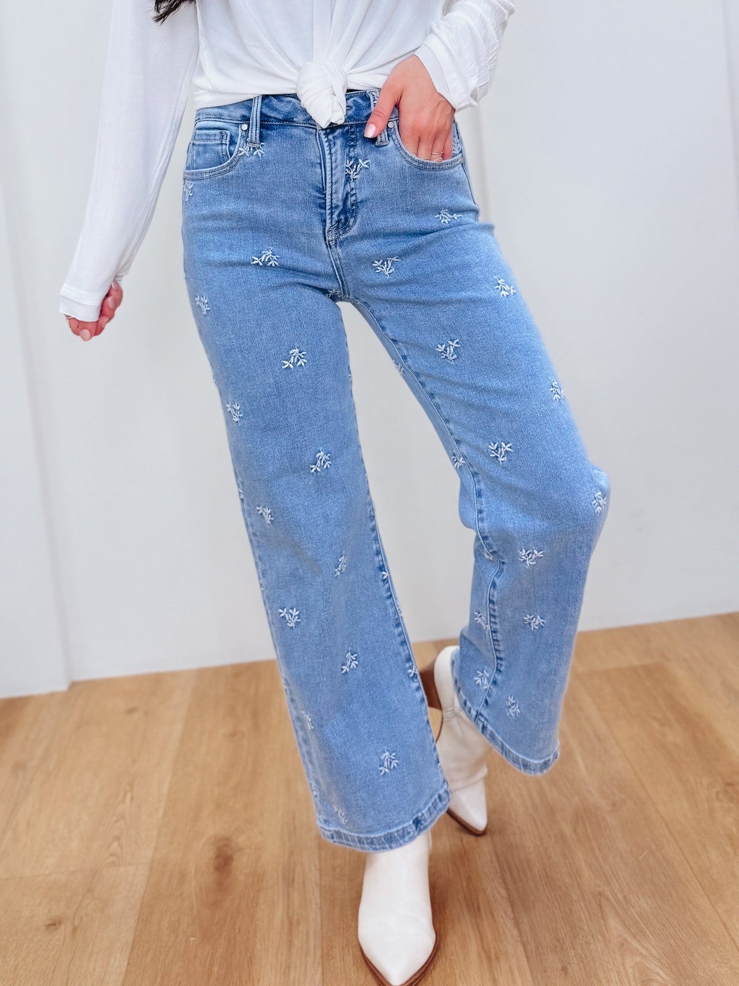 The Dreamer By Risen - High Rise Wide Leg Embroidered Jeans-Light