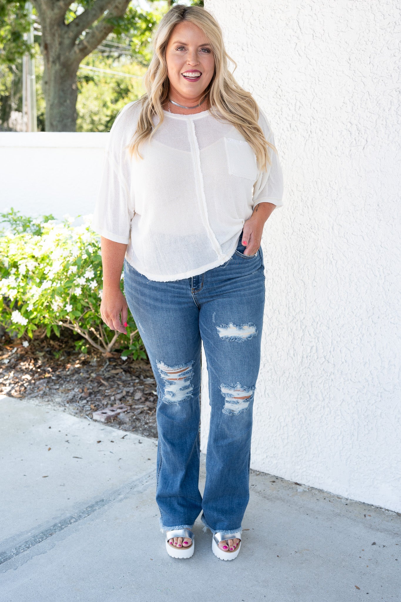 Judy Blue Keep Holding On High Rise Distressed Frayed Hem Bootcut Jeans
