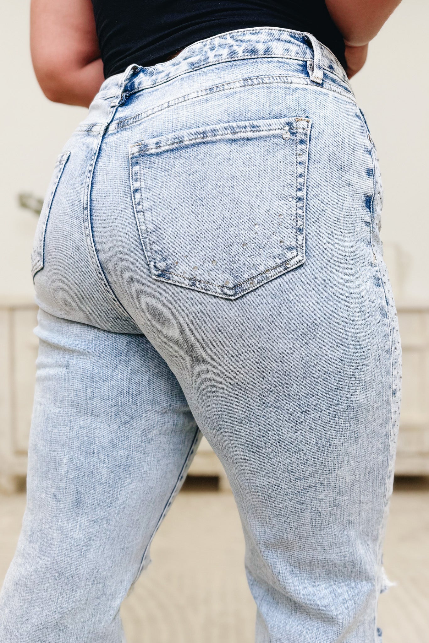Shimmer Down Now By Mica - Mid Rise Distressed Embellished Jeans