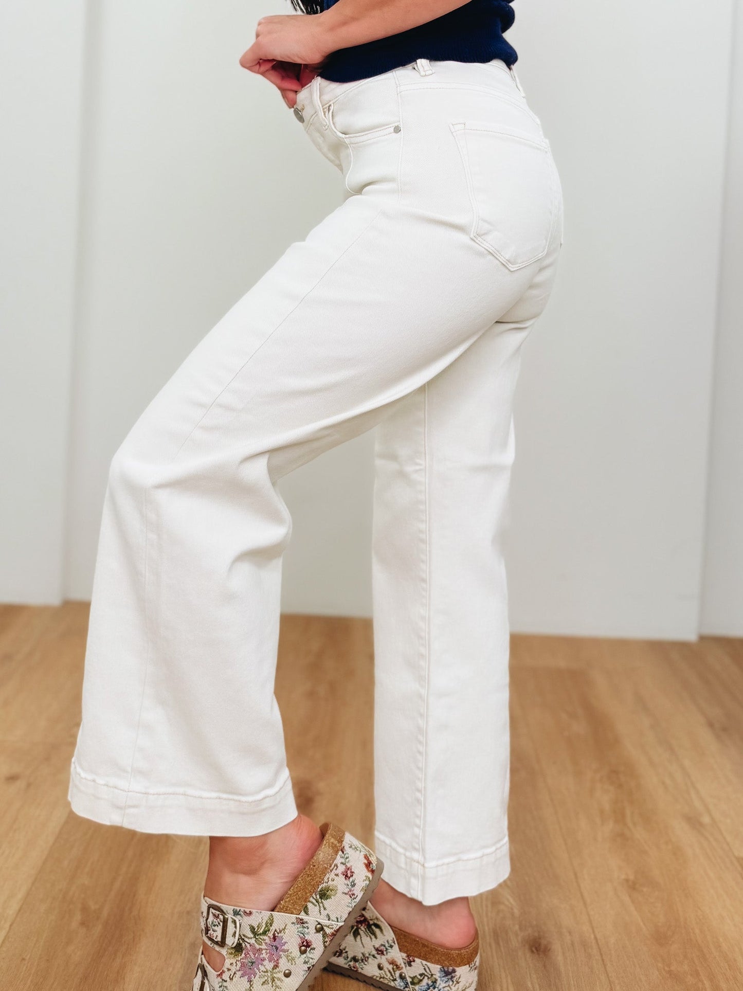 The Icon By Risen - High Rise Tummy Control Wide Leg Jeans - Ivory