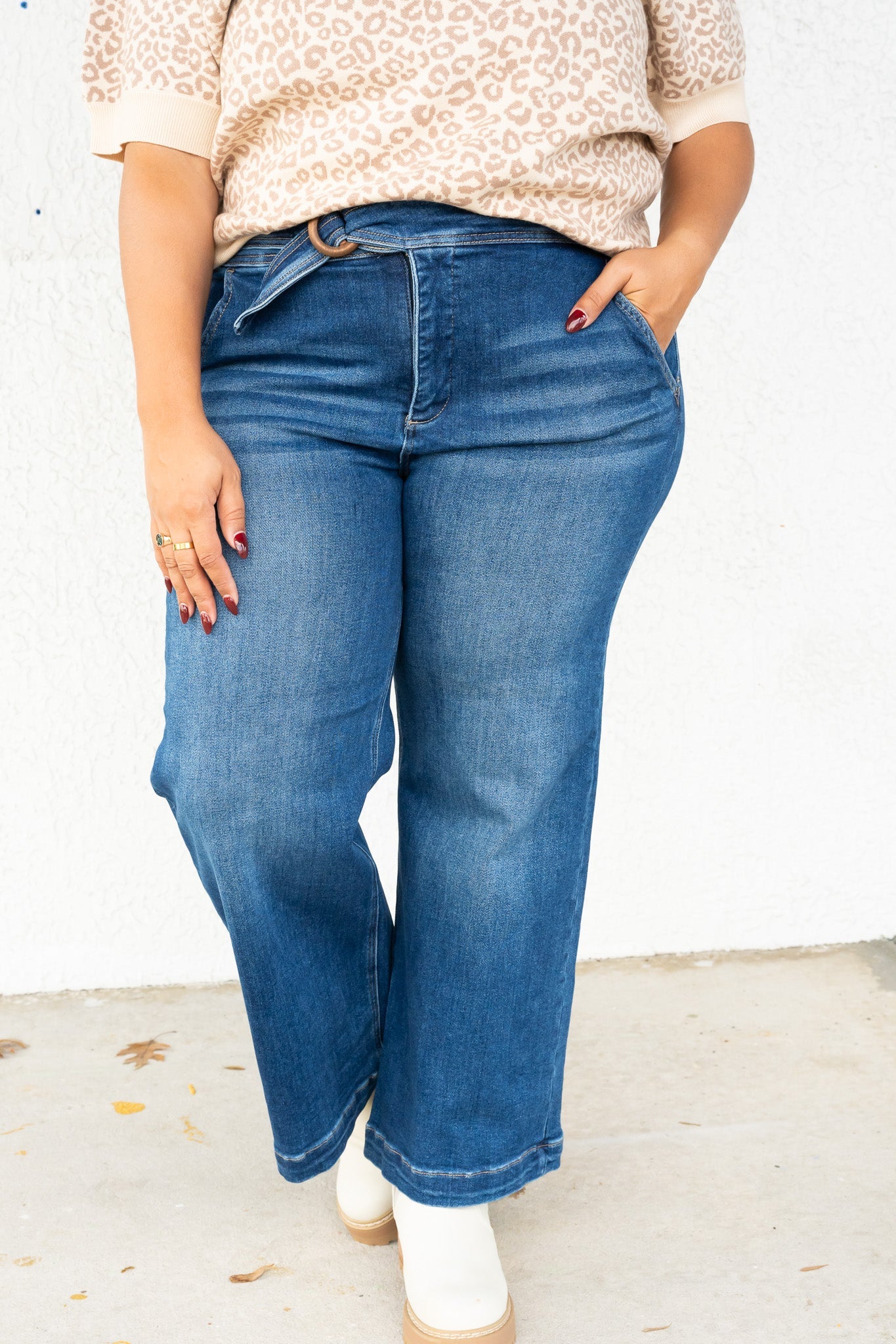 Hips Don't Lie By Risen - High Rise Tummy Control Crop Wide Leg Jeans- Dark