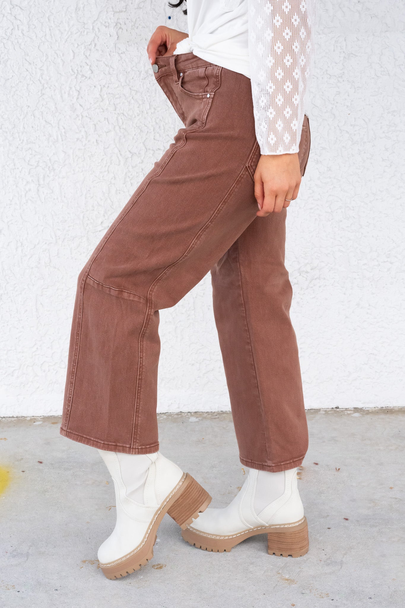 Espresso Yourself By Risen - High Rise Crop Wide Barrel Pants - Espresso