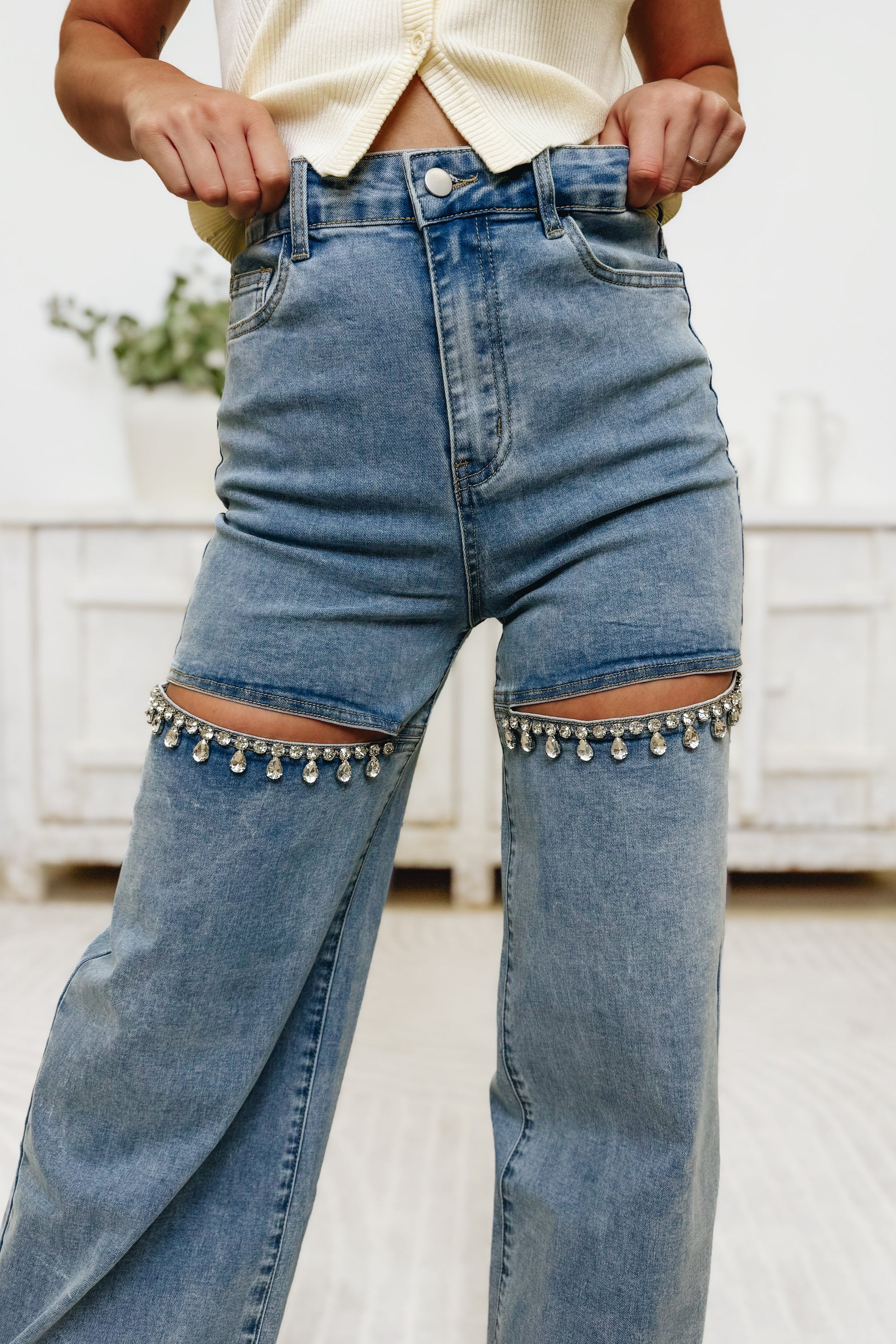 Crystal Cut By Blue B. - Mid Rise Crystal Slit Wide Leg Jeans - 2 Colors!