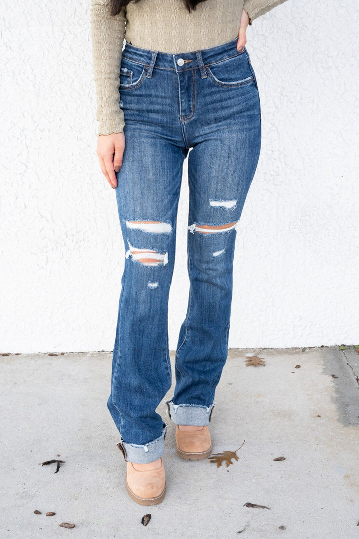 Crushing It By Lovervet - High Rise Raw Hem Bootcut Jeans