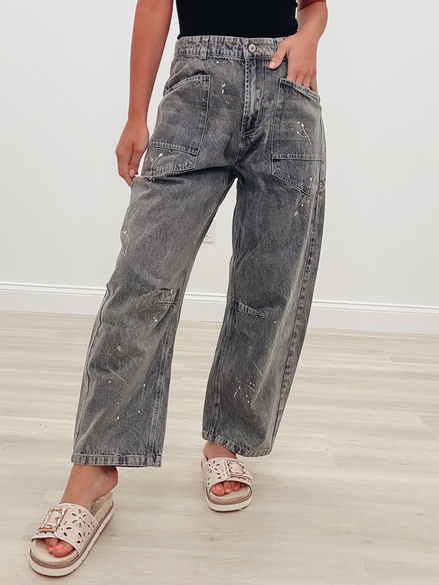 Need I Say More Splatter Paint Pants - Stone Gray
