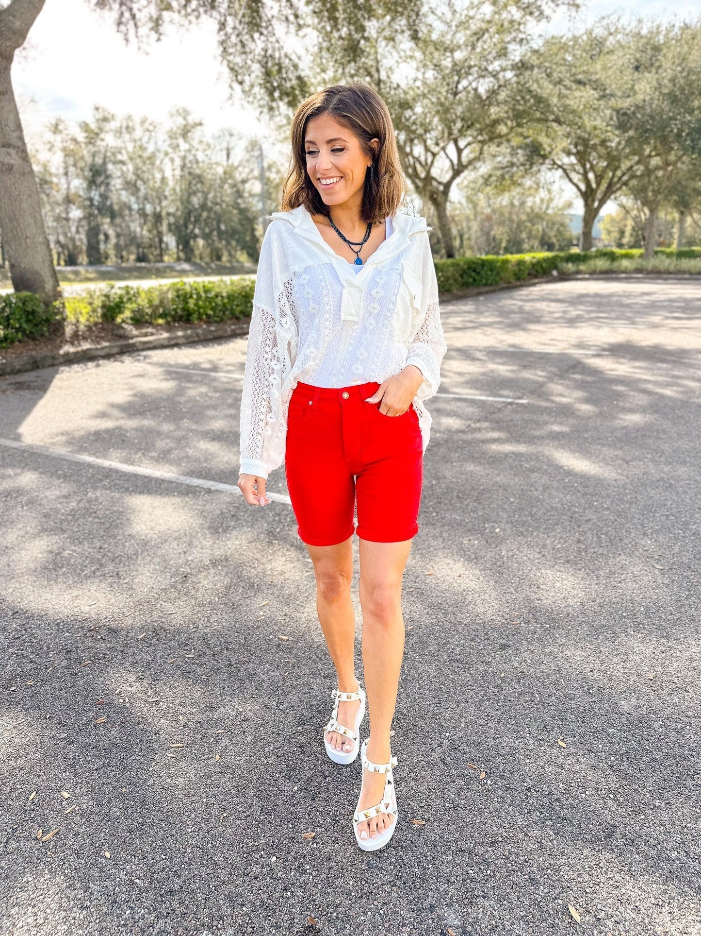 Judy Blue Babe Watch High Rise Tummy Control Bermuda Shorts - Red *JB