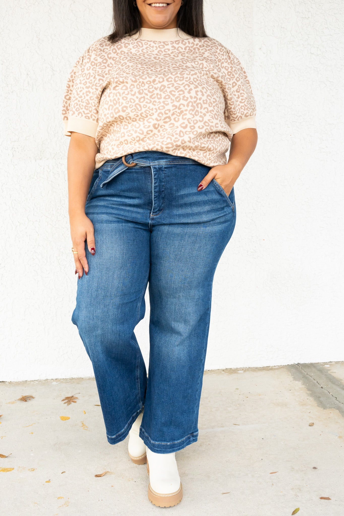 Hips Don't Lie By Risen - High Rise Tummy Control Crop Wide Leg Jeans- Dark
