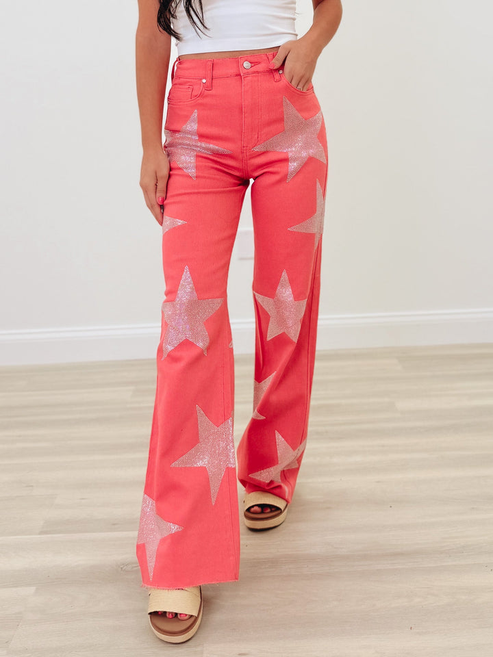 Vibrant M.i.U Dallas Star Rhinestone High Rise Wide Leg Jeans