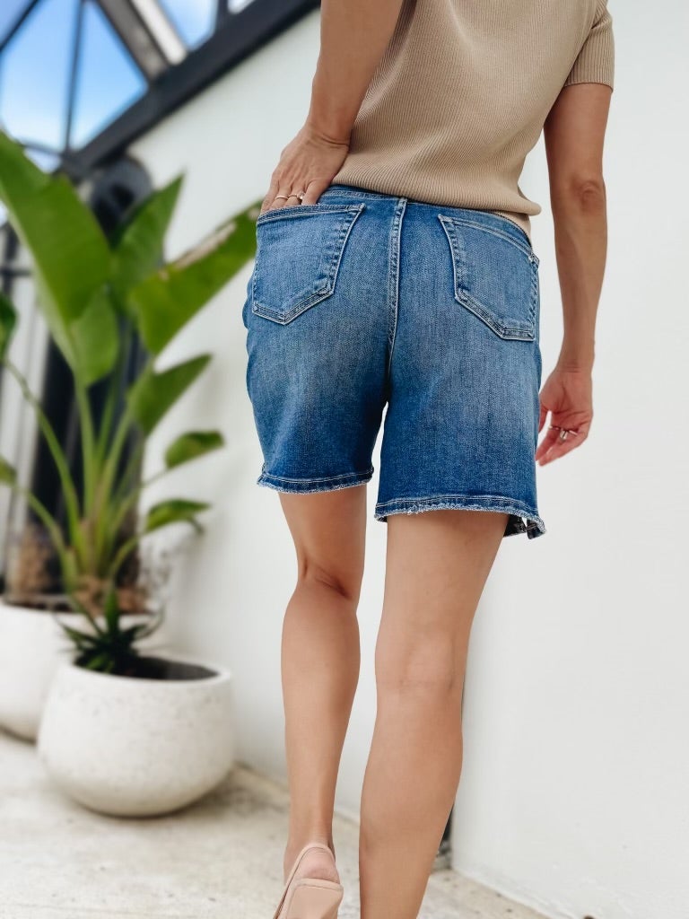 Summer Splash By Mica - High Rise Button Down Bermuda Shorts - Dark Blue