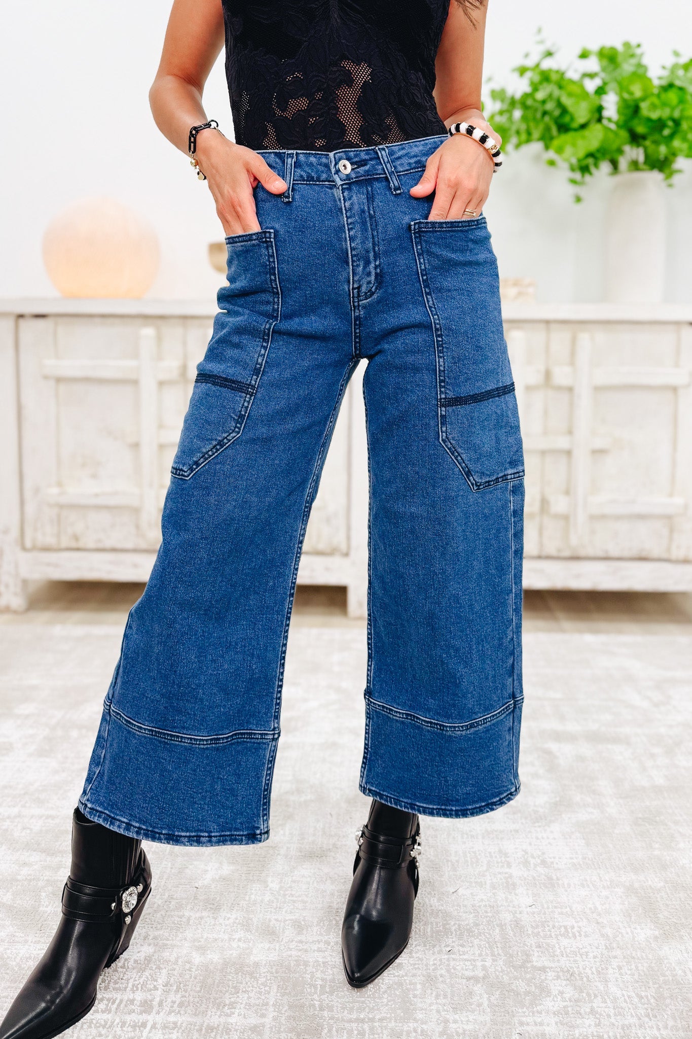 Unique Apparel By Saige Denim - Wide Leg Utility Jeans - Dark