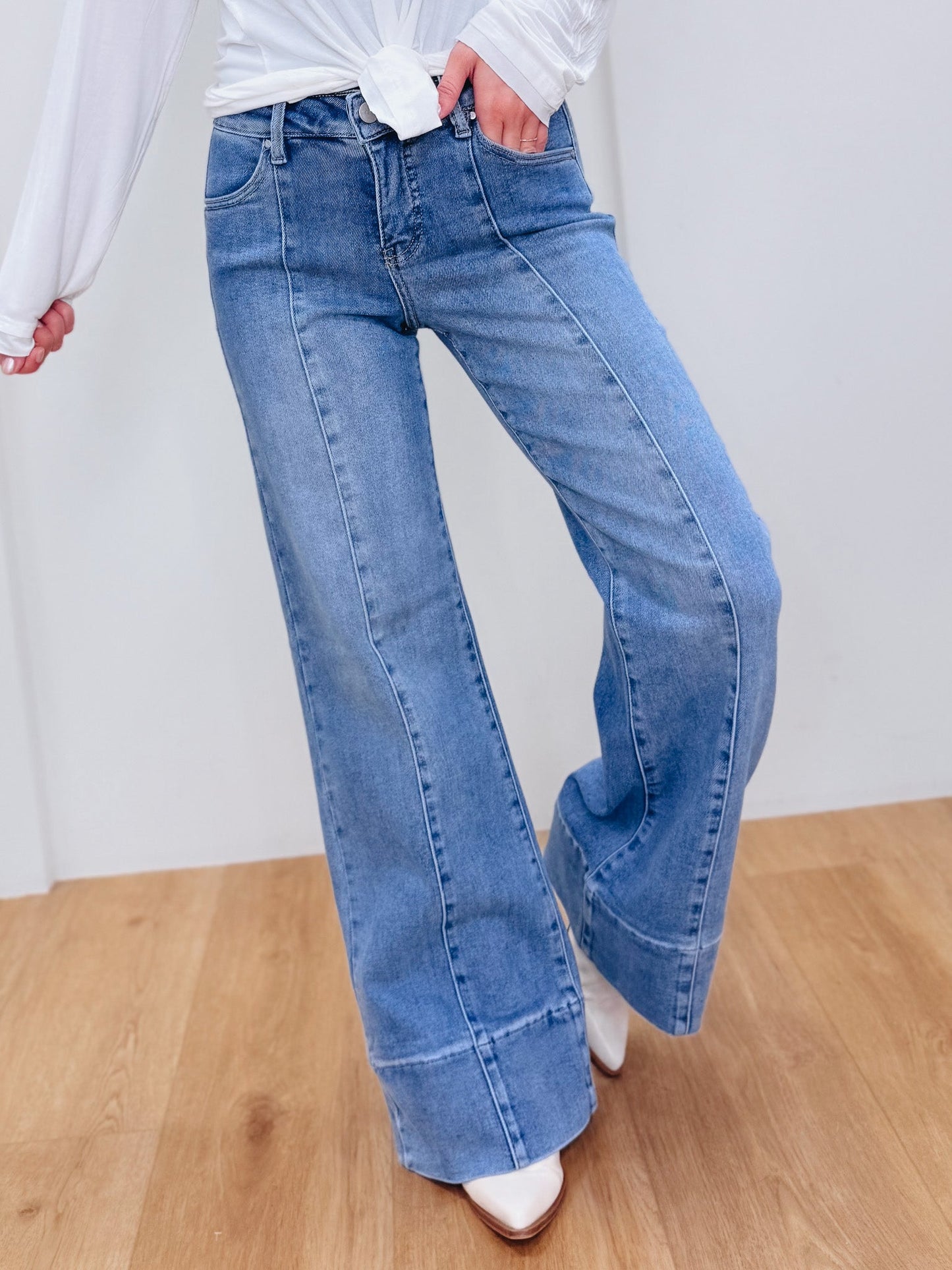 Off The Clock By Risen - Mid Rise Tummy Control Wide Flare Jeans - Medium