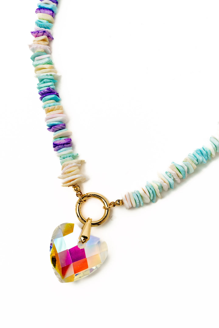 Crystal Heart Necklace - Gold Aqua Multi