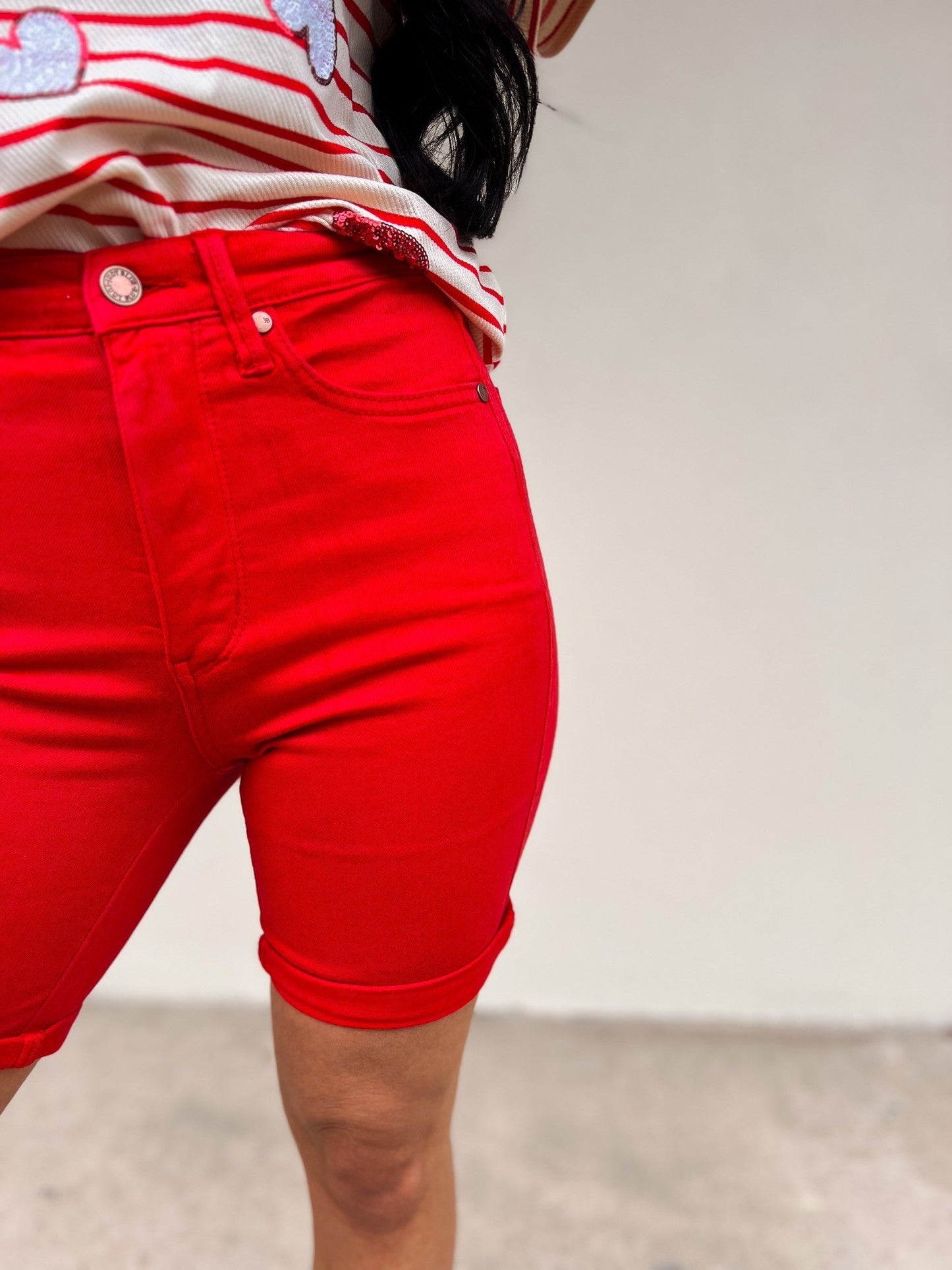 Judy Blue Babe Watch High Rise Tummy Control Bermuda Shorts - Red *JB