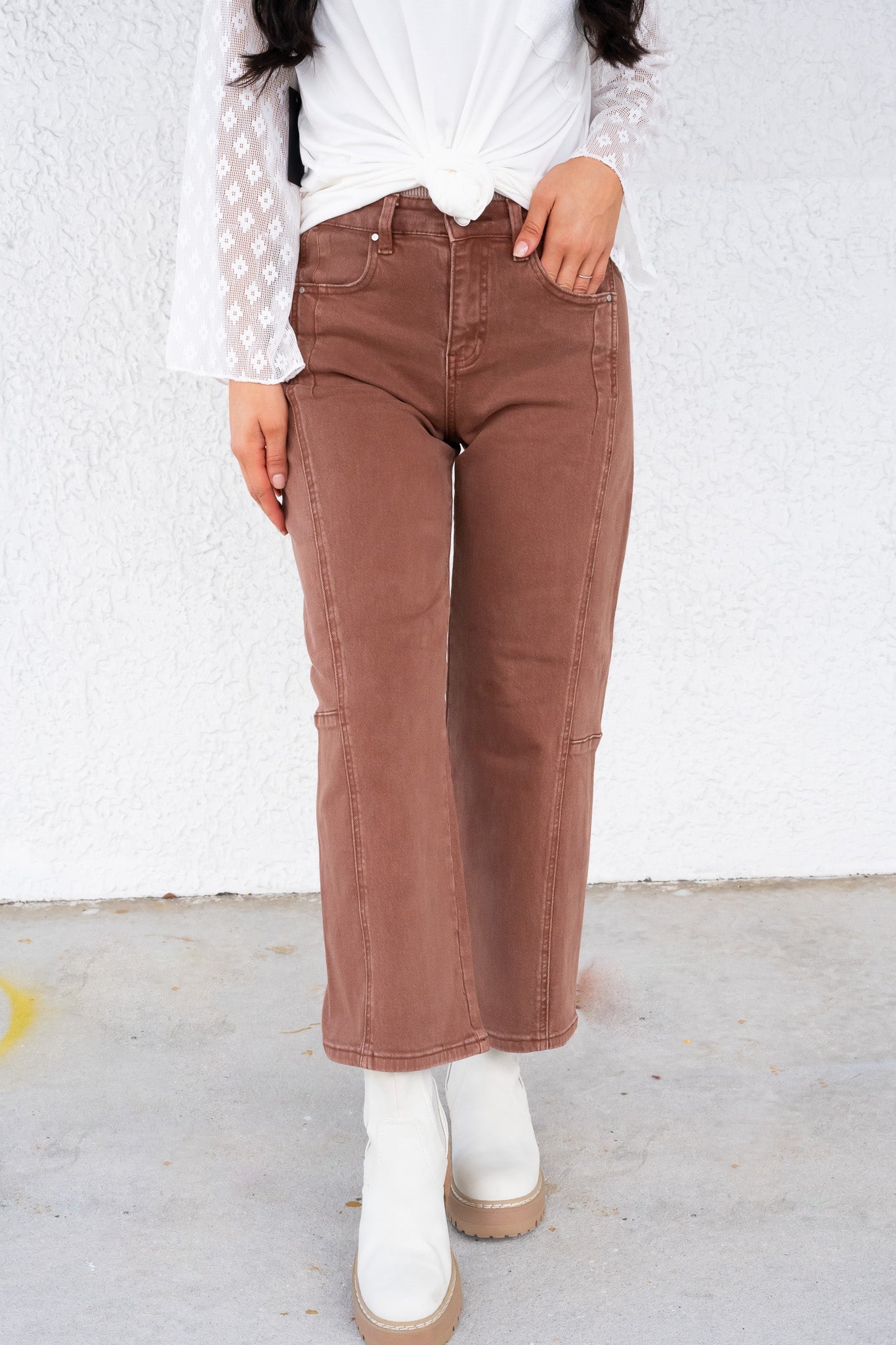 Espresso Yourself By Risen - High Rise Crop Wide Barrel Pants - Espresso