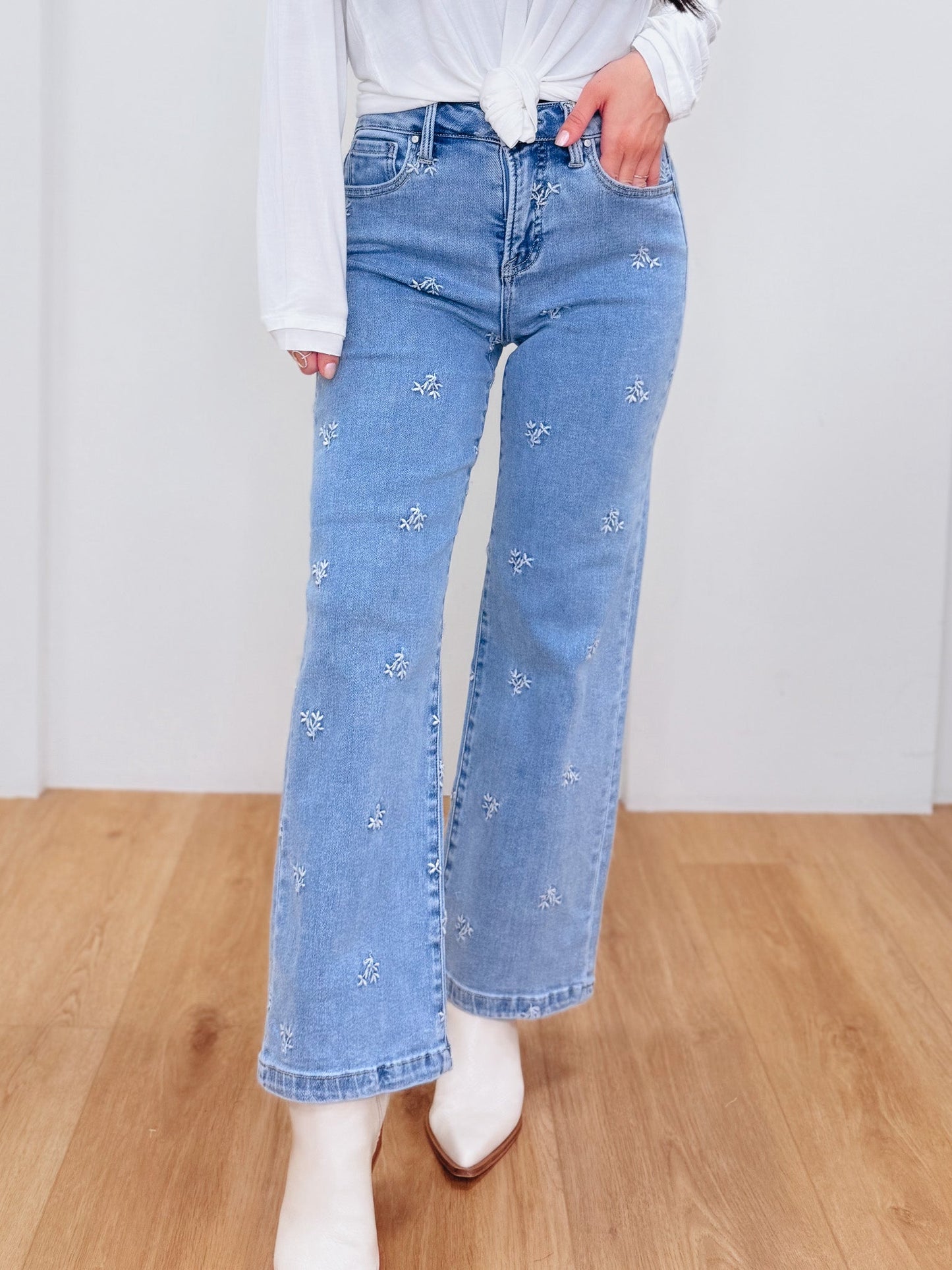 The Dreamer By Risen - High Rise Wide Leg Embroidered Jeans-Light