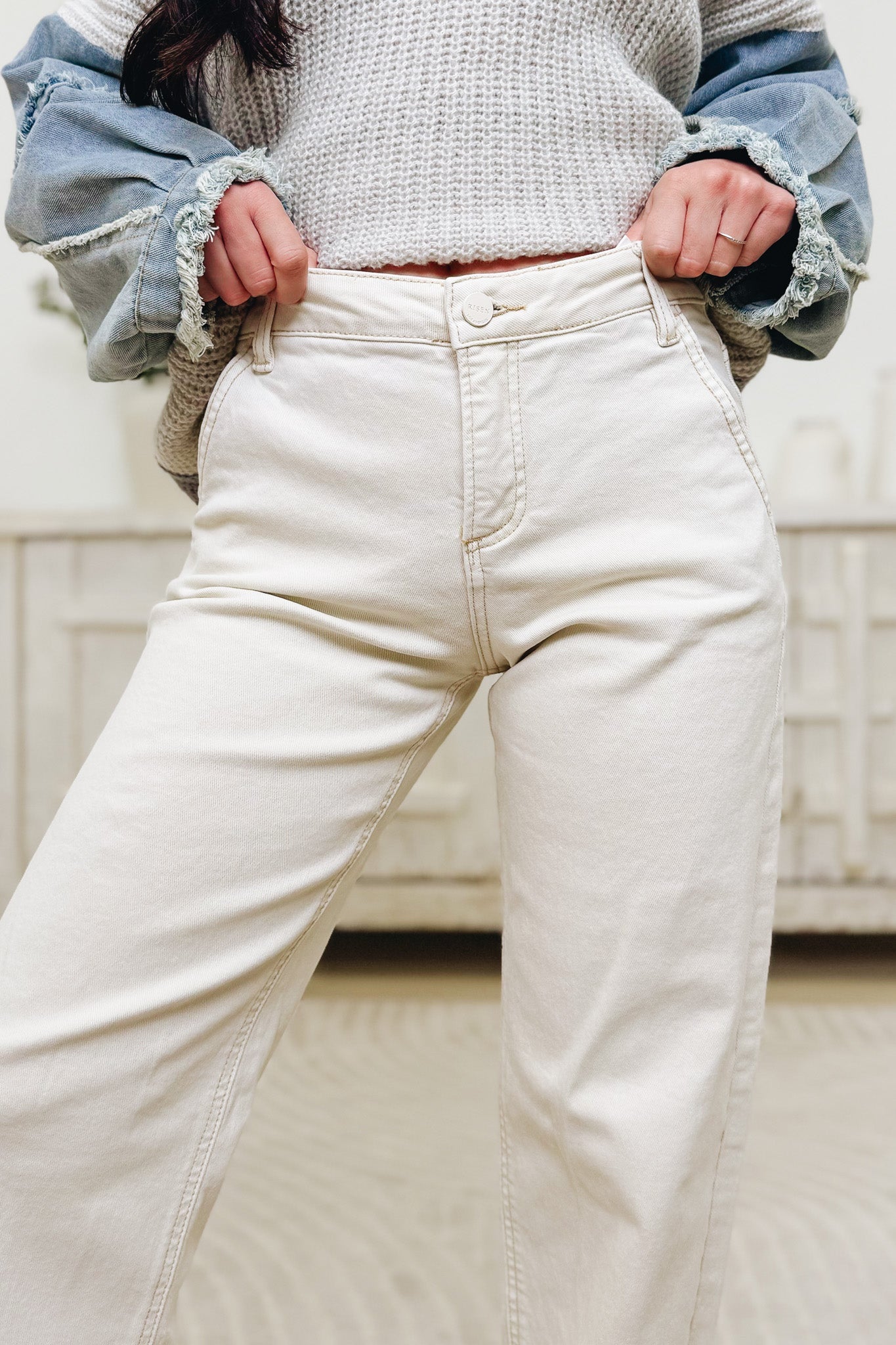 The Signature By Risen - Mid Rise Tummy Control Baggy Jeans - Ivory