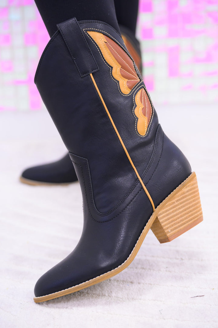 Sunny Butterfly Cutout Cowboy Boots - Black