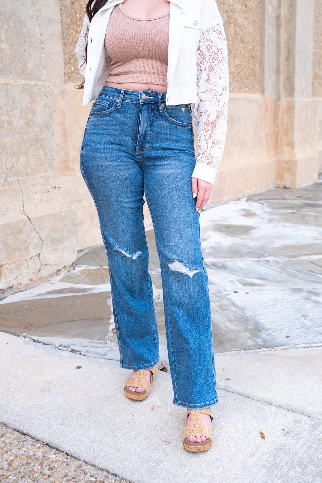 Judy Blue Walk In The Park High Rise Tummy Control Knee Destroy Straight Jeans