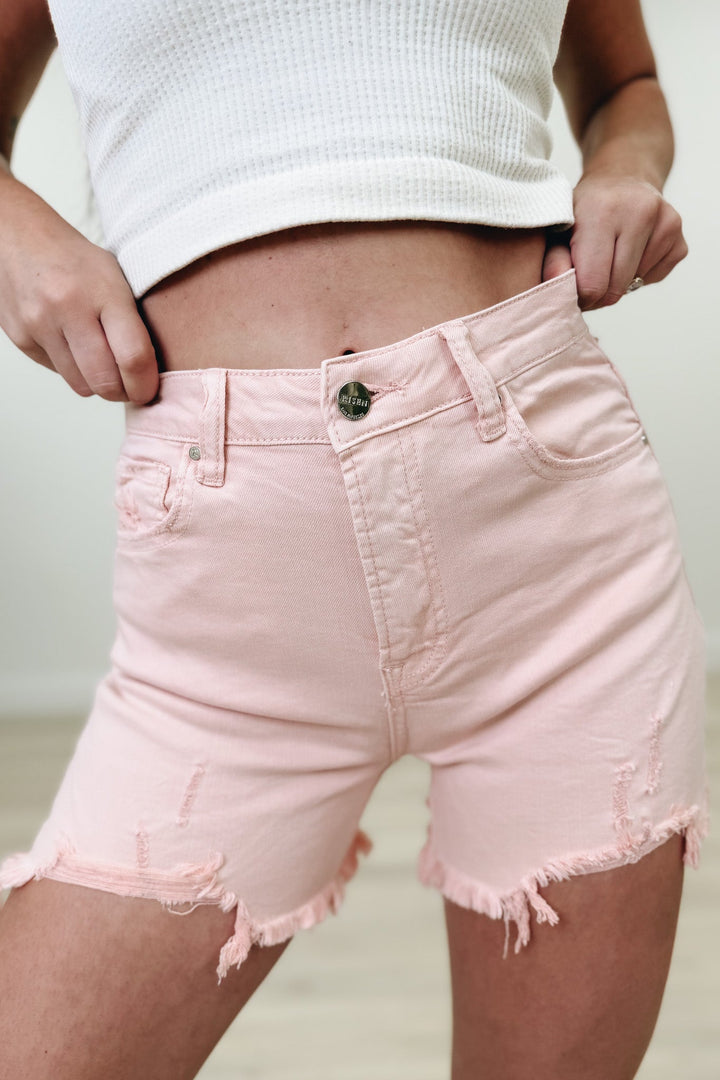 Pretty Sunset By Risen - High Rise Distressed Shorts - Soft Pink