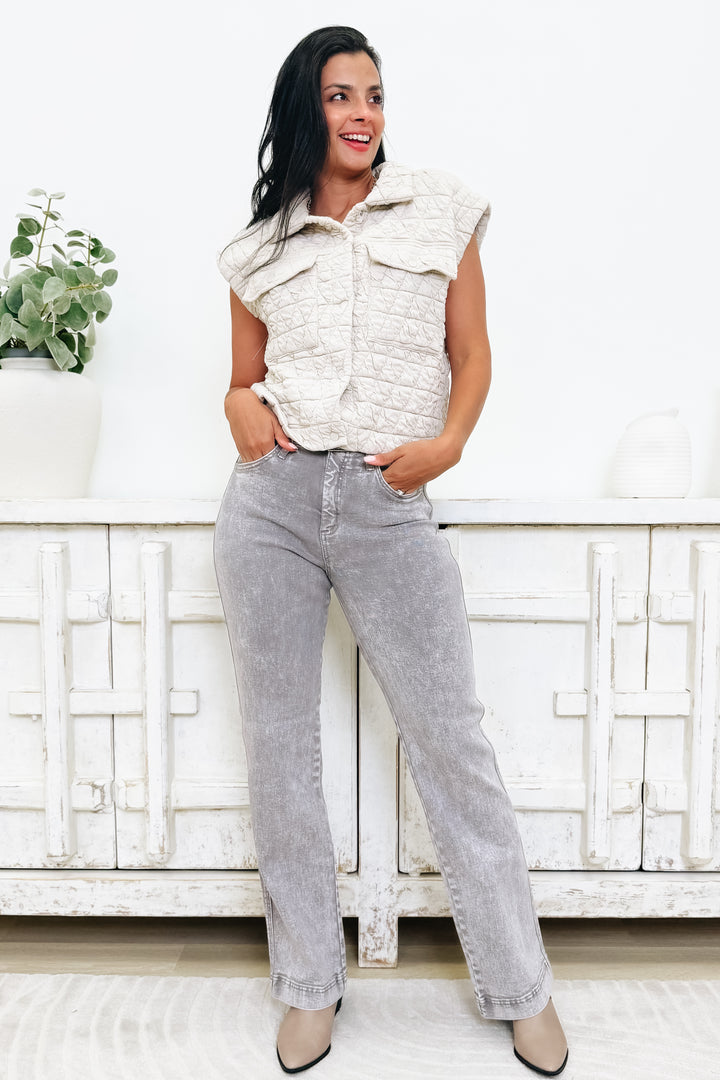 A Pop Of Surprise By Saige Denim - High Rise Wide Leg Straight Jeans - Silver Grey