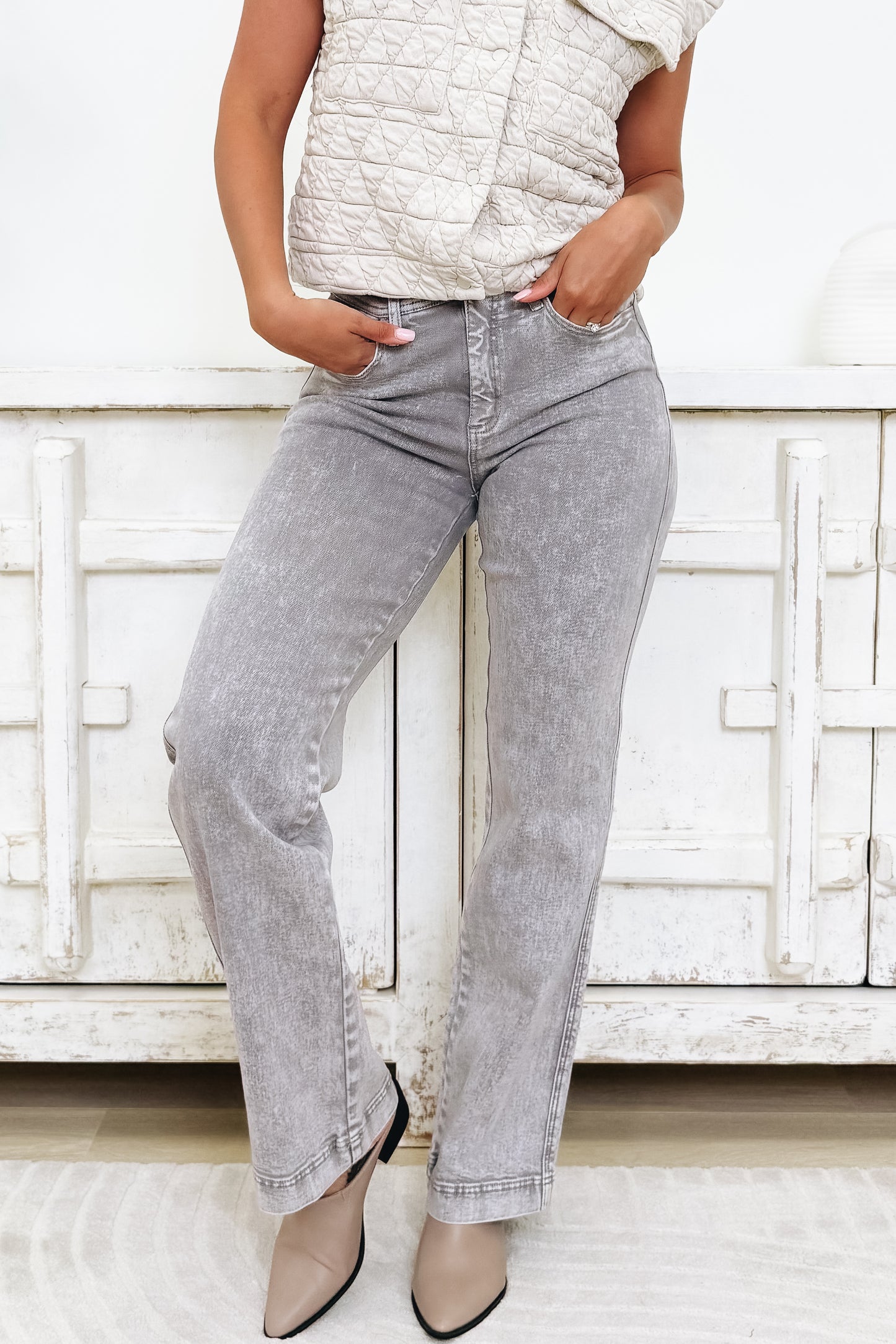 A Pop Of Surprise By Saige Denim - High Rise Wide Leg Straight Jeans - Silver Grey