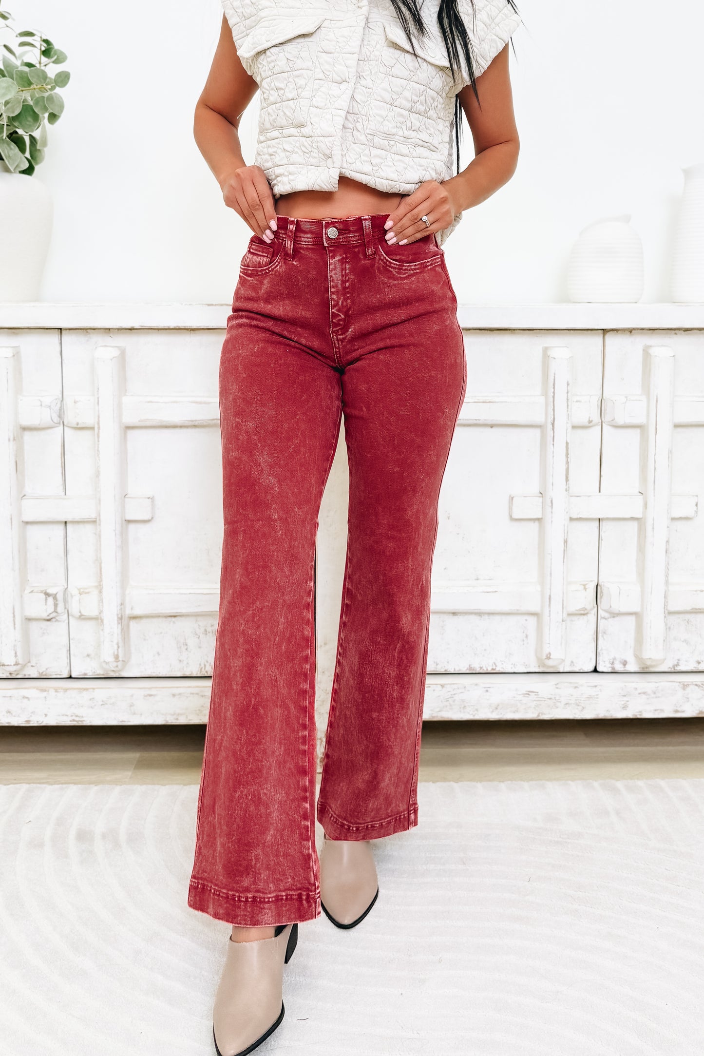 A Pop Of Surprise By Saige Denim - High Rise Wide Leg Straight Jeans - Brick Red
