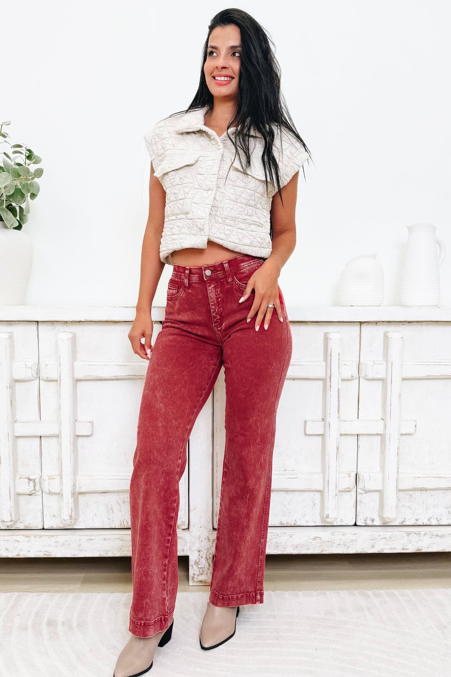 A Pop Of Surprise By Saige Denim - High Rise Wide Leg Straight Jeans - Brick Red