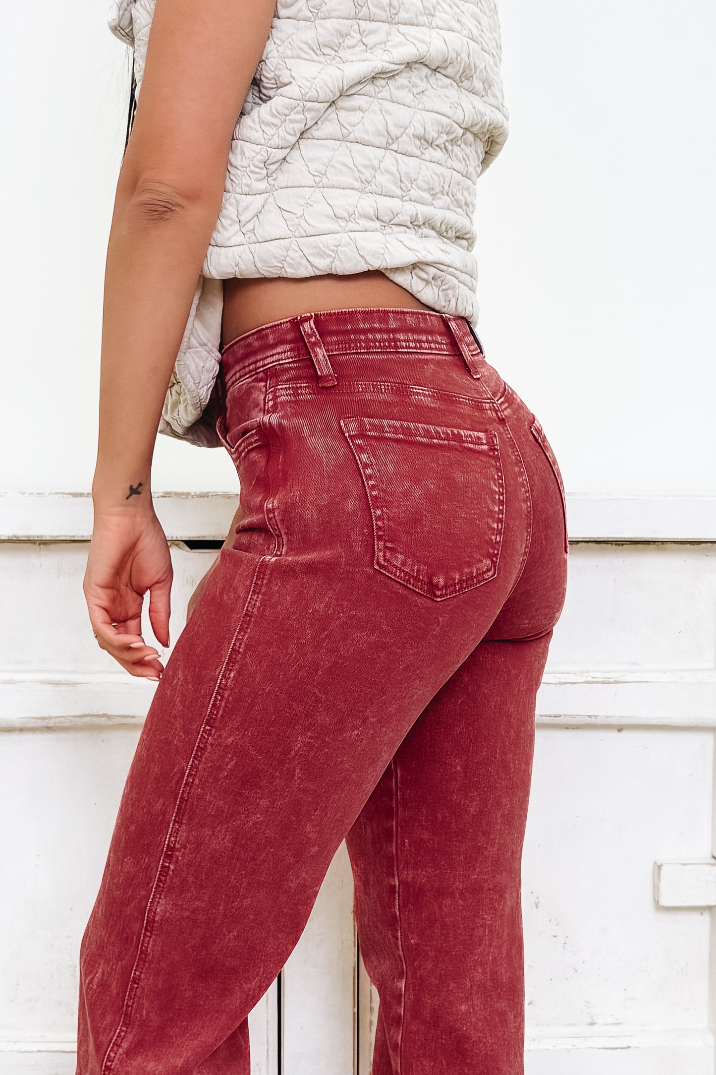 A Pop Of Surprise By Saige Denim - High Rise Wide Leg Straight Jeans - Brick Red