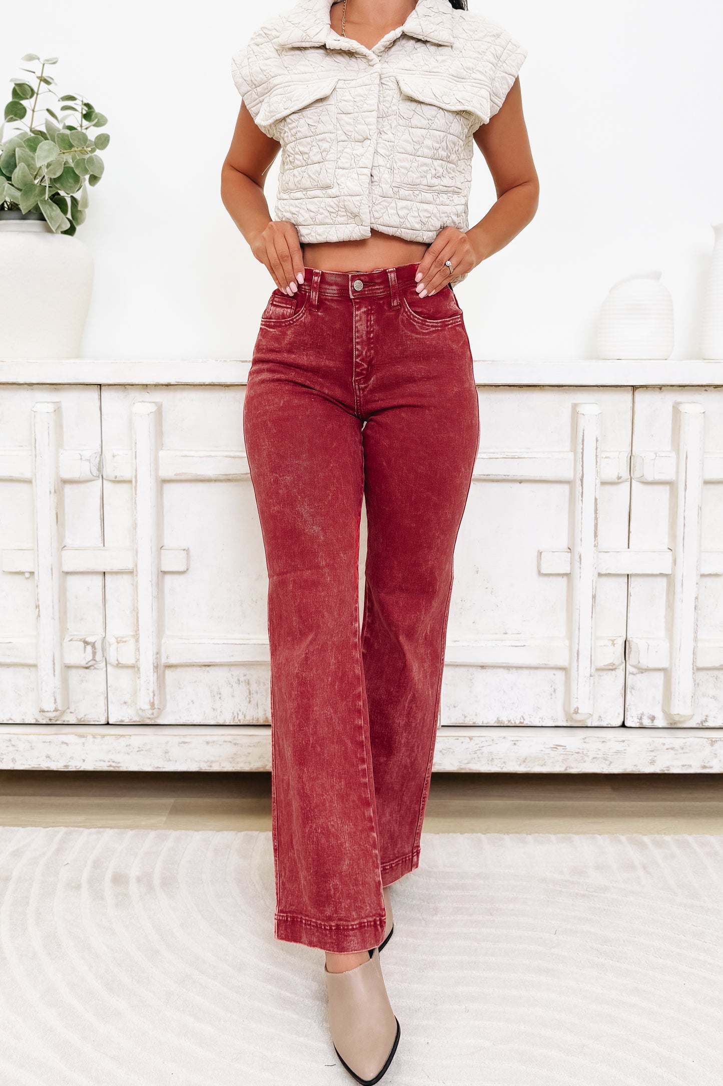 A Pop Of Surprise By Saige Denim - High Rise Wide Leg Straight Jeans - Brick Red