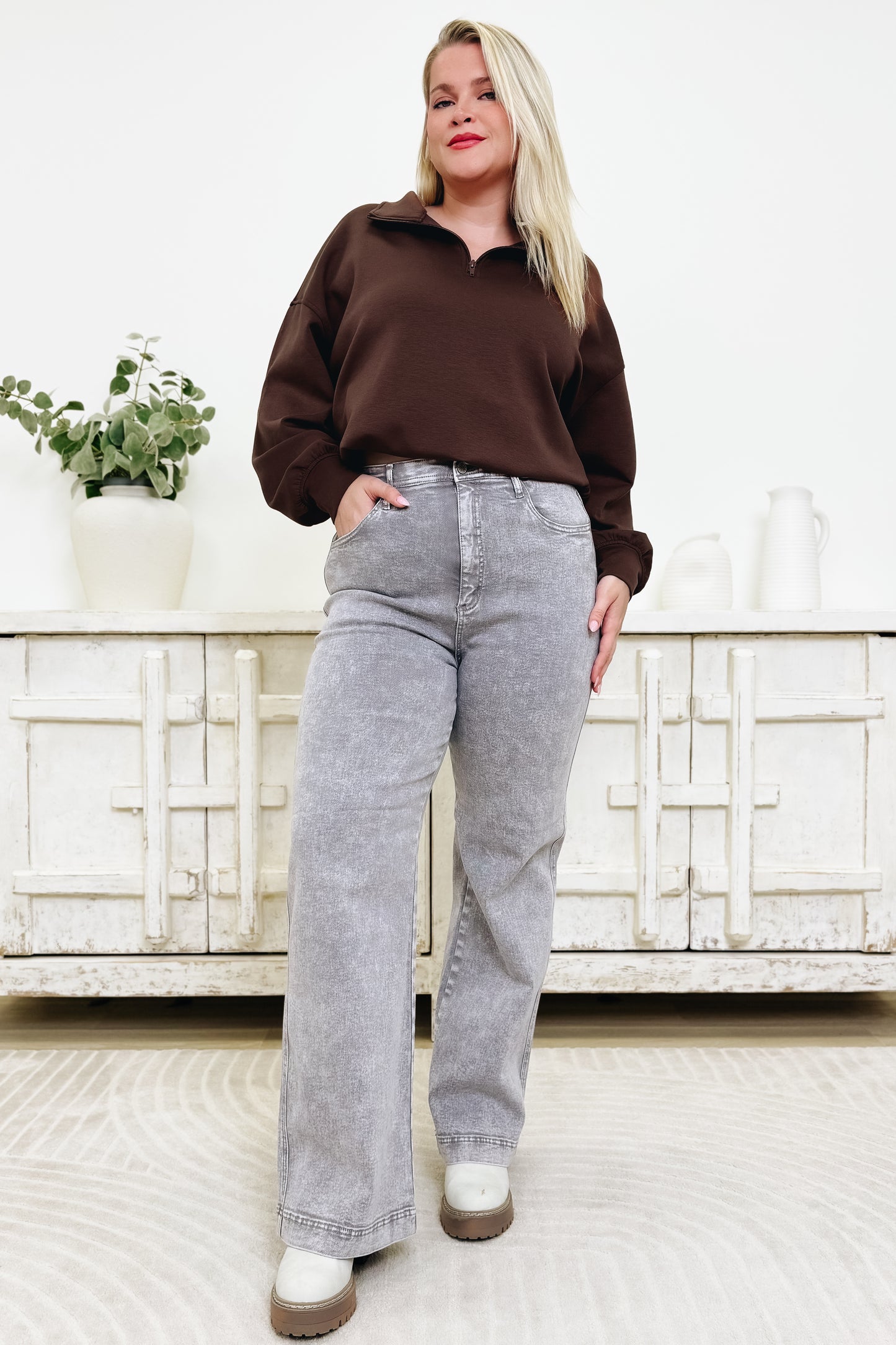 A Pop Of Surprise By Saige Denim - High Rise Wide Leg Straight Jeans - Silver Grey