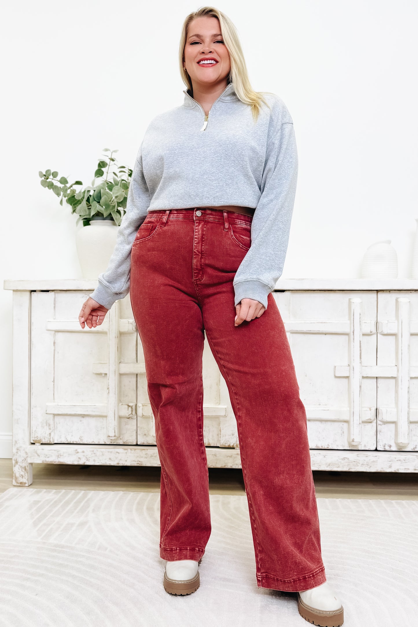 A Pop Of Surprise By Saige Denim - High Rise Wide Leg Straight Jeans - Brick Red