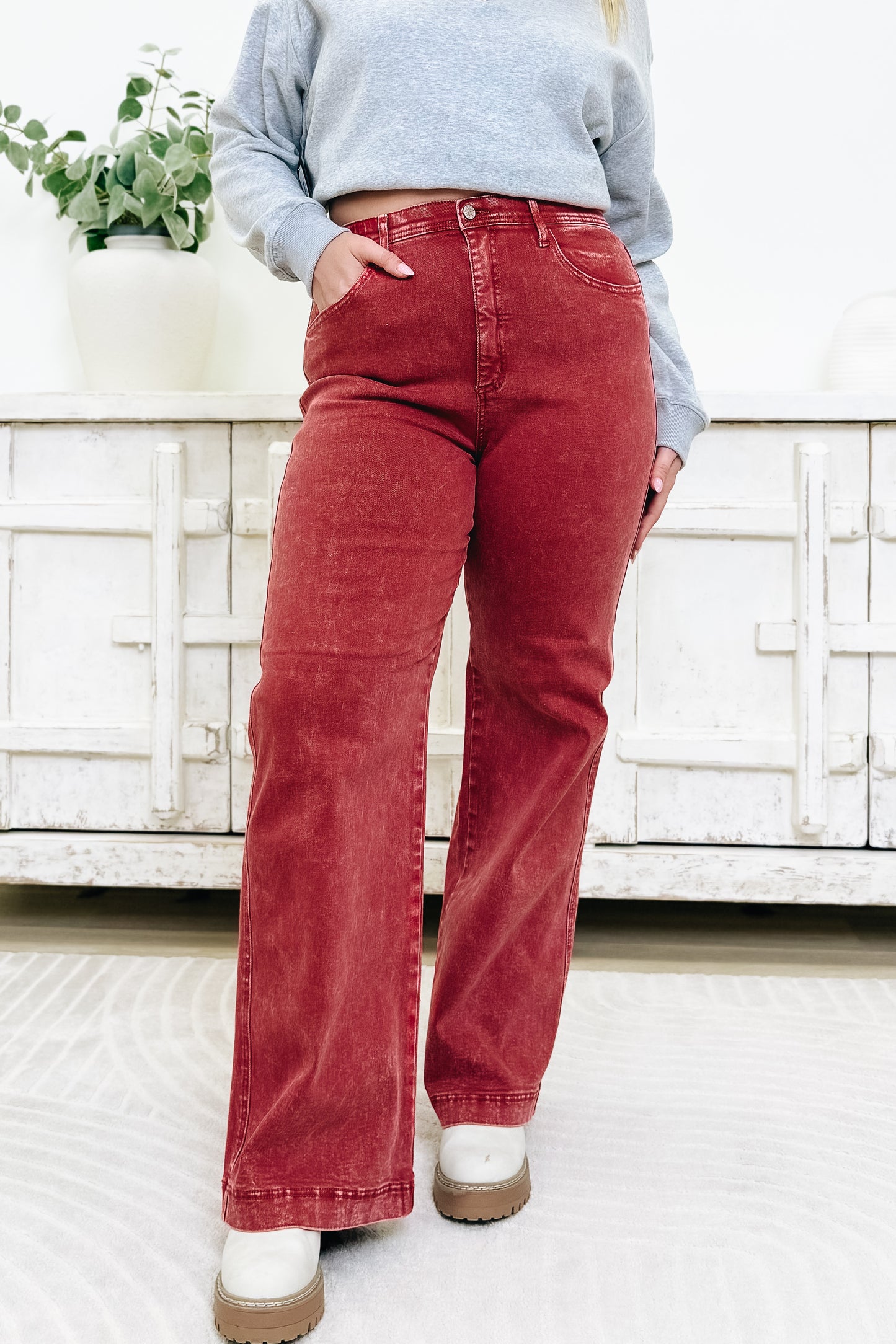 A Pop Of Surprise By Saige Denim - High Rise Wide Leg Straight Jeans - Brick Red