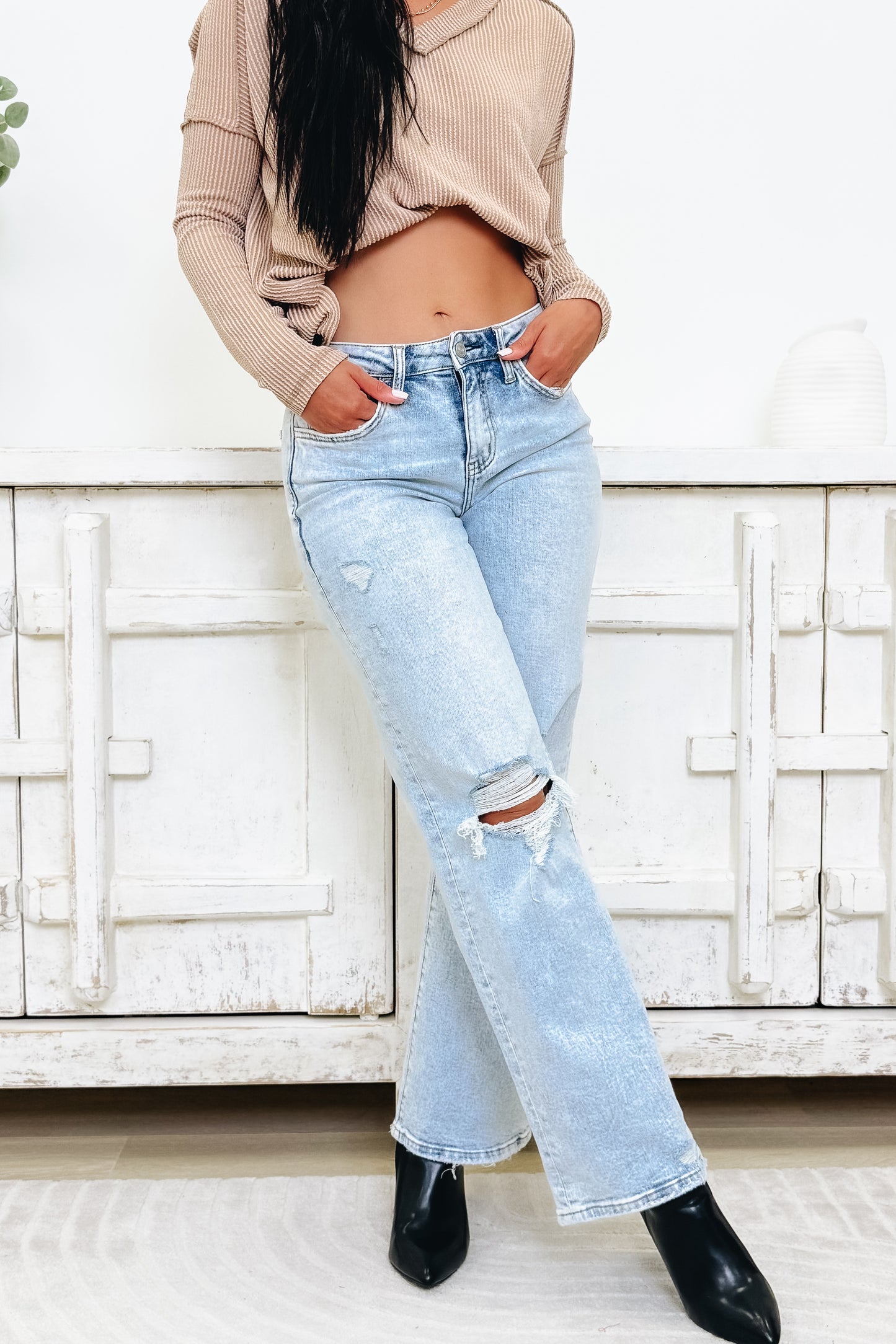 Slick Statement By Lovervet - High Rise Distressed Wide Leg Jeans
