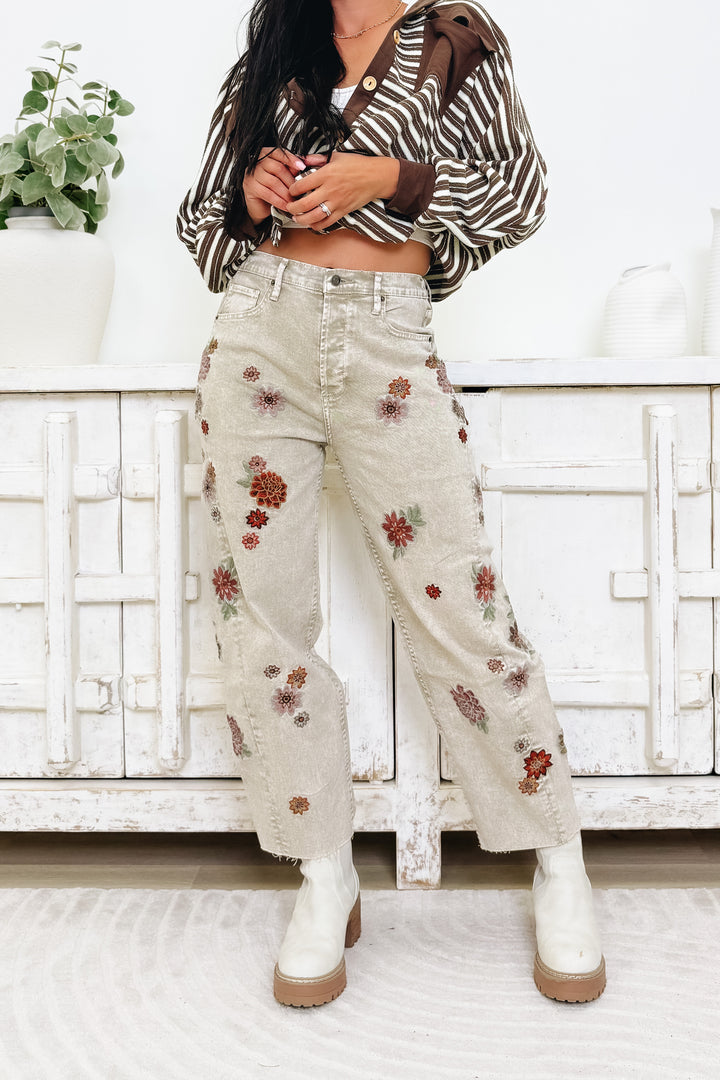 Spring Into Action Floral Denim Jeans - Warm Grey