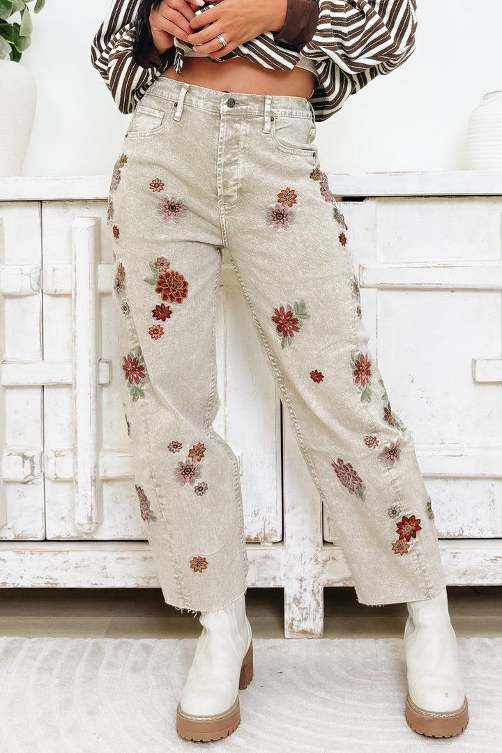 Spring Into Action Floral Denim Jeans - Warm Grey