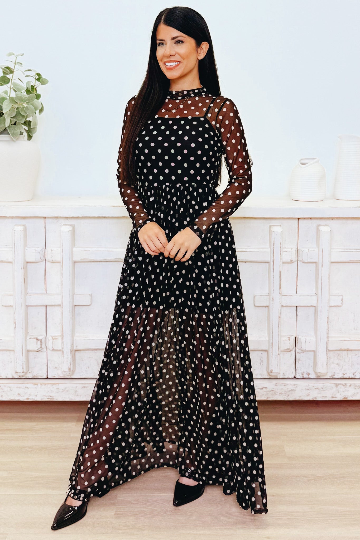 On The Spot Polka Dot Mesh Maxi Dress
