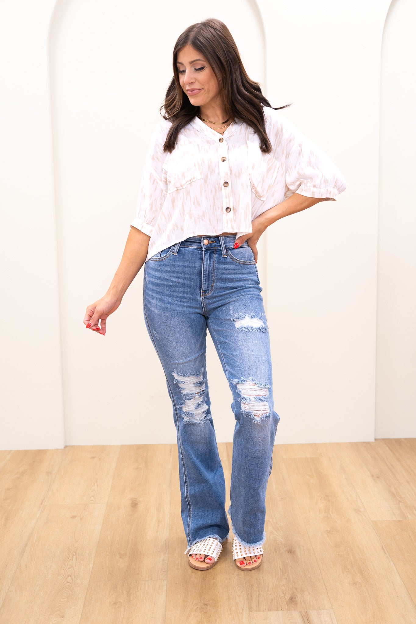 Judy Blue Keep Holding On High Rise Distressed Frayed Hem Bootcut Jeans