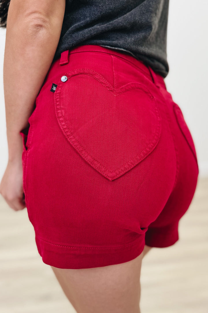 Backside Valentine By Judy Blue - High Rise Tummy Control Garment Dyed Heart Shorts - Scarlet